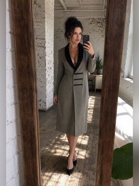 Vintage 80s Casual Corner Tuxedo Dress Gray Rayon Acetate Sz 8